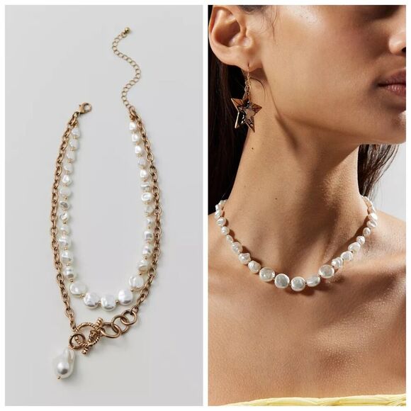 Urban Outfitters Women's Chain & Pearl Toggle Layered Necklace NWT 38 - Picture 1 of 7
